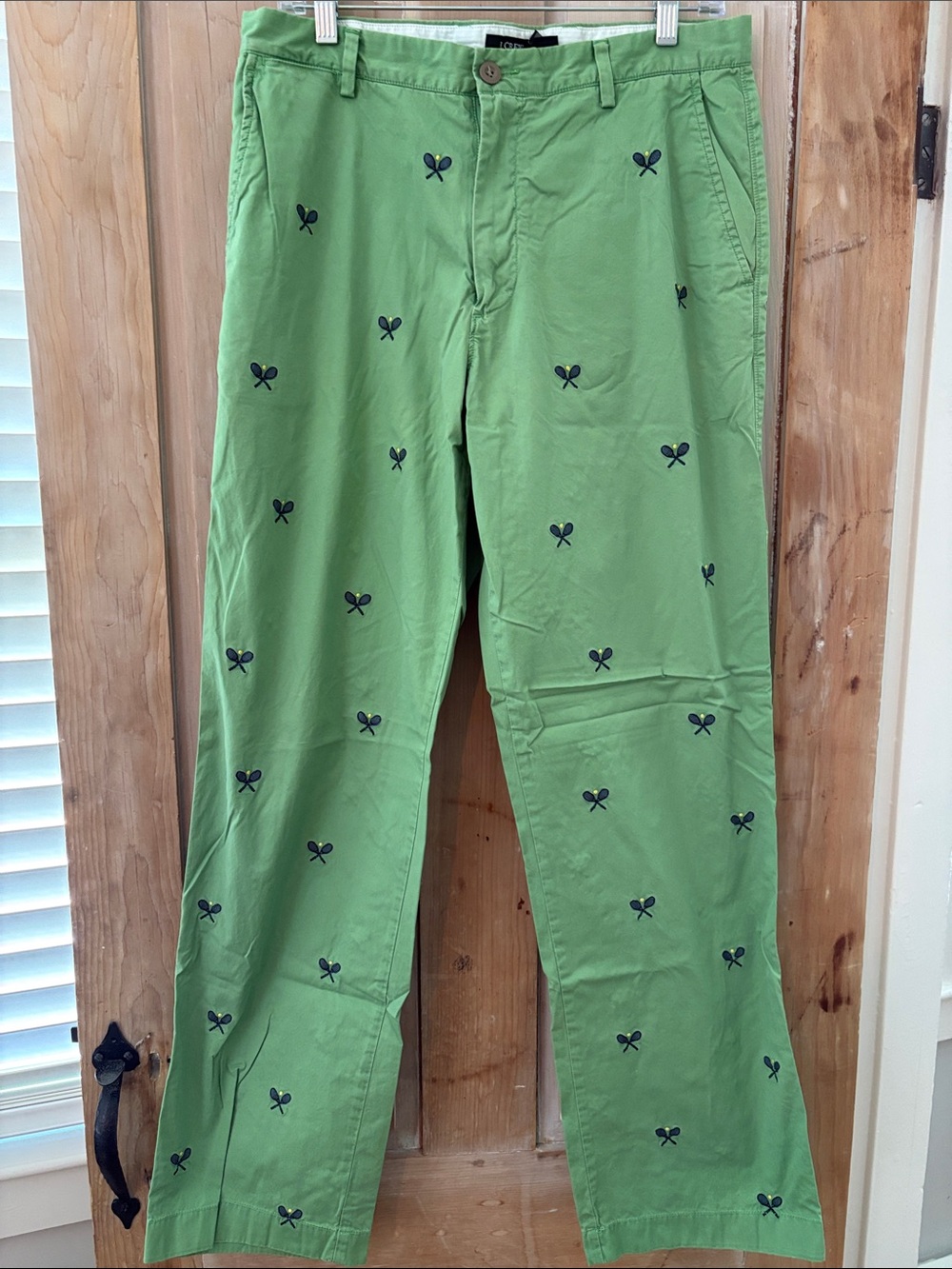 Men’s Green Embroidered Tennis Motif Chinos